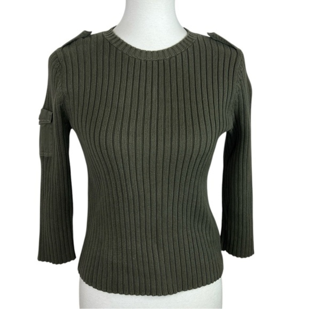Vintage Lauren Ralph Lauren Petite Olive Ribbed 100% Cotton Military Sweater PS